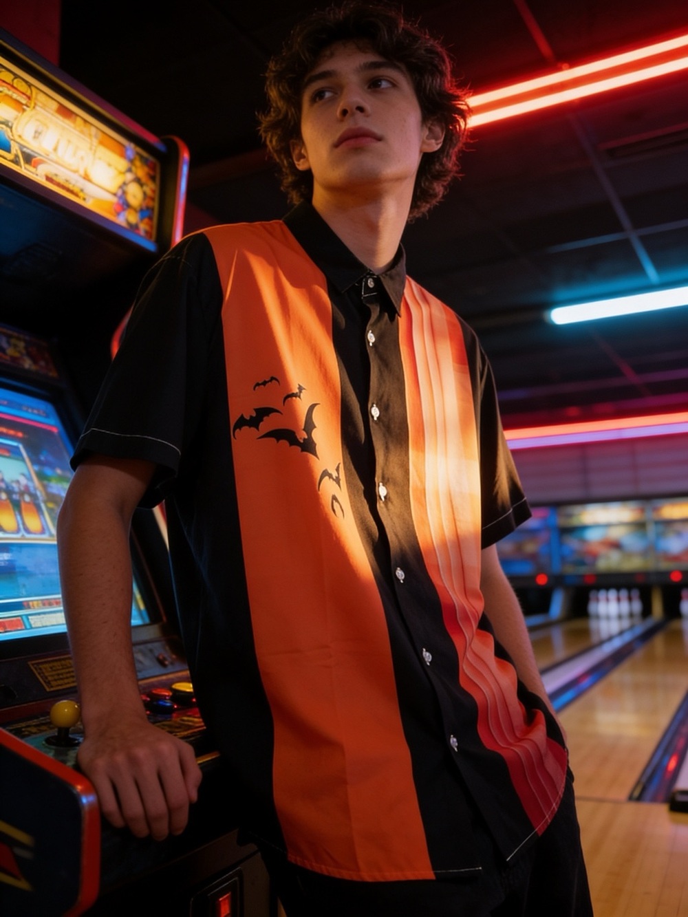 Men's Short-Sleeve Button-Up Shirt - Black & Orange Bat Print Bowling Style EUC